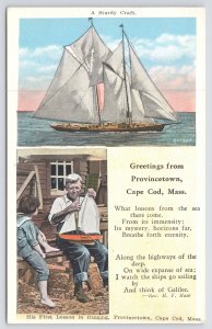 Linen~Sailboat & Man With Toy Sailboat Greeting @ Cape Cod MA~Vintage Postcard
