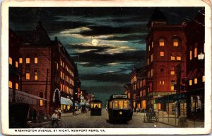 USA Washington Avenue By Night Newport News Virginia Vintage Postcard 09.61