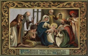 Christmas Nativity Mary Baby Jesus Wisemen Ornate Border c1910 Postcard