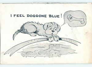 Pre-Linen blank back postcard DOG FEELS SAD BECAUSE BONE FELL IN WATER HL6170