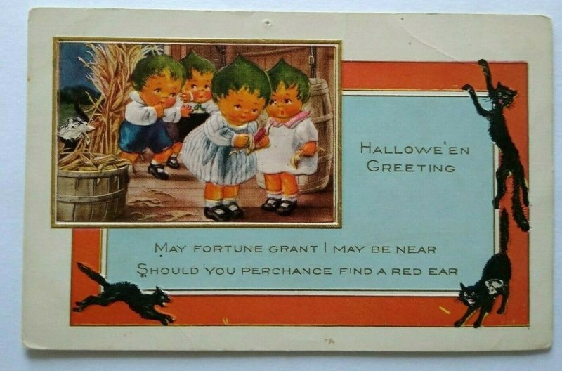 Halloween Postcard Whitney Pixies Green Hair Fantasy Children Black Cats Border