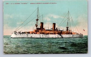 U.S CRUISER SHIP OLYMPIA ADMIRAL DEWEY FLAGSHIP AT MANILA POSTCARD (c. 1910)