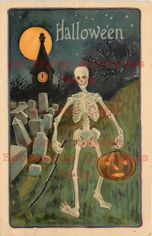 Halloween, Leubrie & Elkus No 2229-4, Skeleton Holding JOL Walking in Cemetery