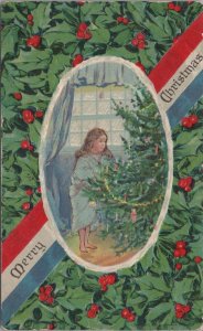 Postcard Merry Christmas Little Girl + Christmas Tree