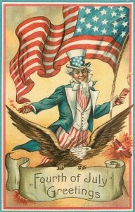 Patriotic, Fourth of July Greetings, Uncle Sam with Flag and Fireworks, Embossed