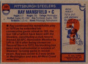 1976 Topps Football Card Ray Mansfield Pittsburgh Steelers sk4447