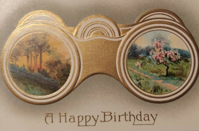 Binoculars Happy Birthday Postcard Embossed Gold Gray Spring Tree Sunset Sunrise