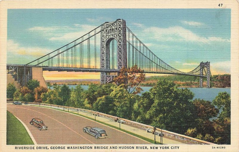 George Washington Bridge Riverside Drive Cars c1940 NYC Linen VTG P150 