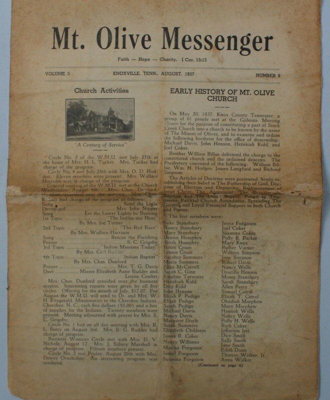 1937 Mt. Olive Messenger Knoxville Tennessee Baptist Church Newsletter