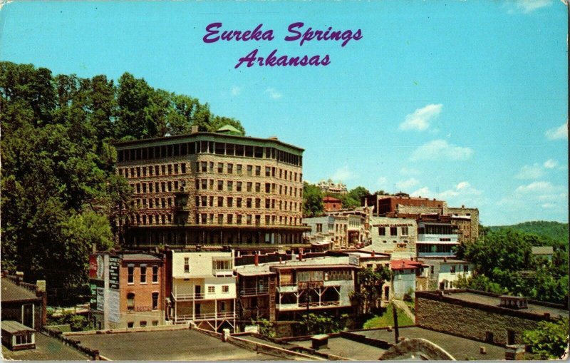 Eureka Springs Arkansas Basin Park Hotel Downtown Hotel Vintage Postcard Swiss 