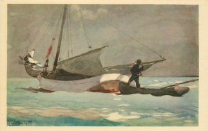 Vintage 1920s Art Postcard; 'Stowing Sail, Bahamas', sailboat, Winslow Homer