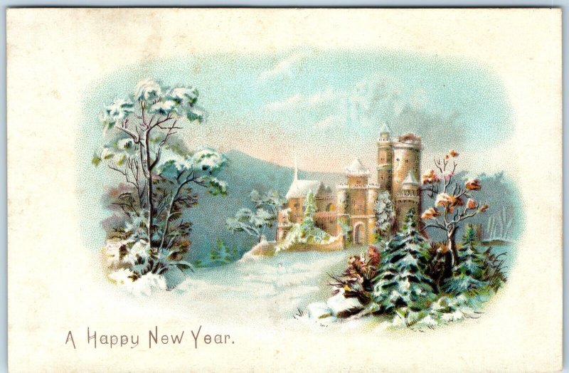 c1880s Happy New Year Castle Fortress Snow Trade Card Winter Stronghold Fort C6