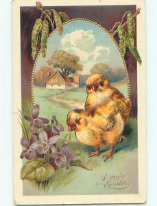 Pre-Linen easter PASTURE SCENE ON LARGE EGG WITH CHICKS k2289