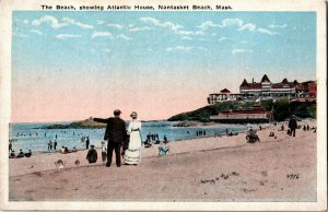 The Beach Showing Atlantic House, Nantasket Beach MA Vintage Postcard I30