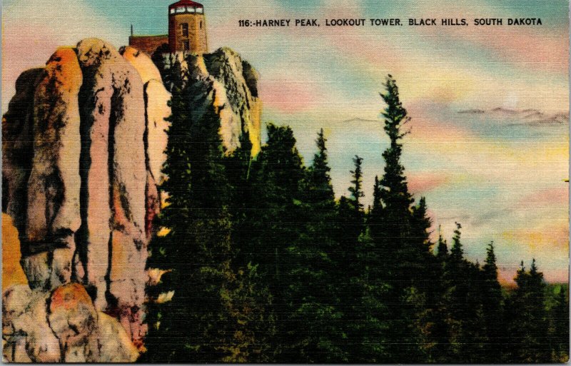 Vtg 1930s Harney Peak Lookout Tower Black Hills South Dakota SD Linen Postcard