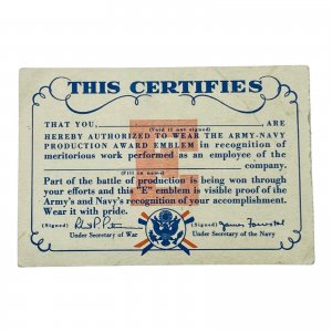 Unused World War II Army and Navy Recognition Certificate