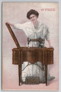 Woman Advertising Free Brand Sewing Machine c1910 Postcard X28