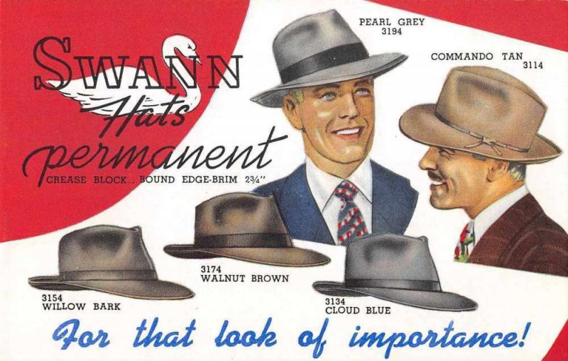 Swann Hats Mens Fashion Advertising Vintage Non PC Back AA5625