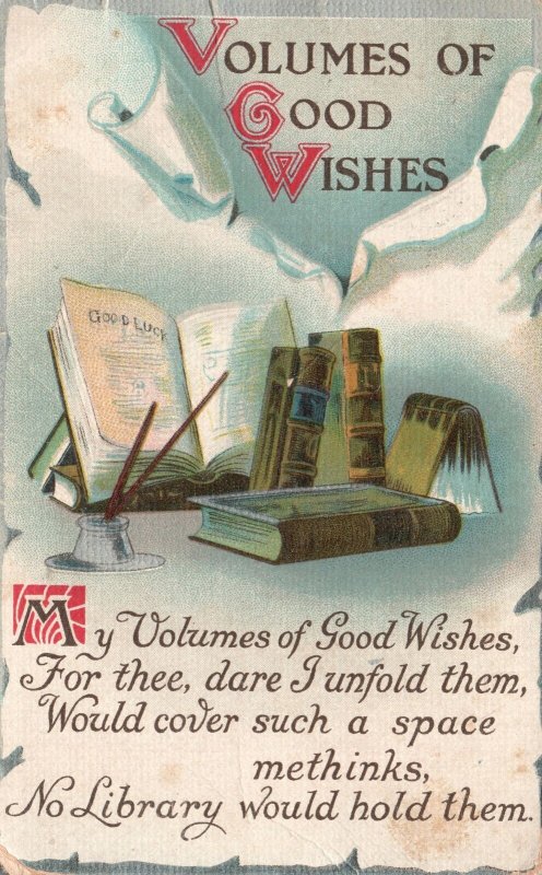 Vintage Postcard 1914 Volumes Of Good Wishes Books Ink Writing Greetings Card