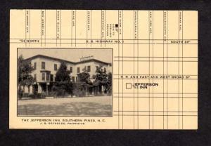 NC Jefferson Inn Hotel Southern Pines North Carolina Postcard Map Postcard PC