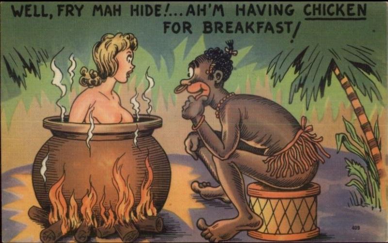 Black Native Man Cannibal Cooking Nude Woman Linen Comic Postcard | Topics  - Risque - Women - Other, Postcard / HipPostcard