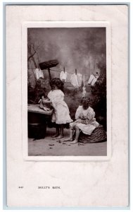 Dolly's Bath Children Playing Dolls Hanging Laundry Broom RPPC Photo Postcard