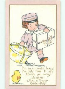 Pre-Linen Easter fashion BOY DELIVERS ANTIQUE HAT BOX AND GIFT PRESENT AB3997