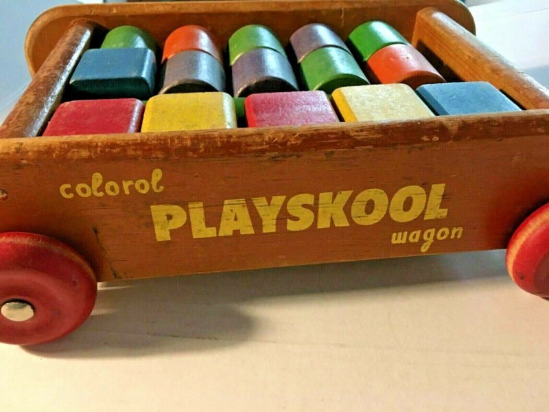 Original Vintage Colorol Playskool Wagon Wood 18 Pieces Building Toys SKU080-047