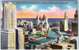 c1940s Chicago, IL Downtown Aerial Wacker River Colorful PC Bascule Bridge A288