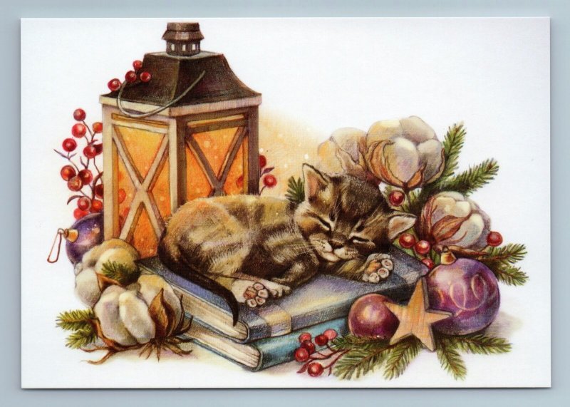 CUTE CAT Kitten sleep on Book Christmas Eve Decoration Lamp Russian New Postcard