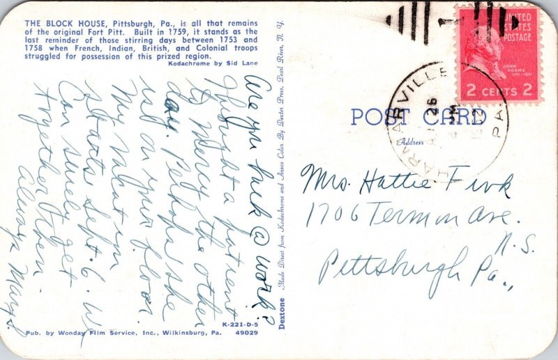 Block House Pittsburgh Pennsylvania Fort Pitt Postcard PM Harmarville PA Cancel  