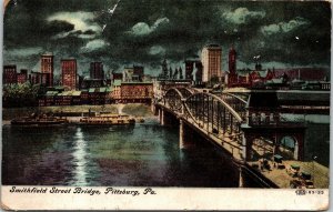 Smithfield St Bridge Pittsburg PA Night Scene Antique Postcard DB PM Cancel WOB 