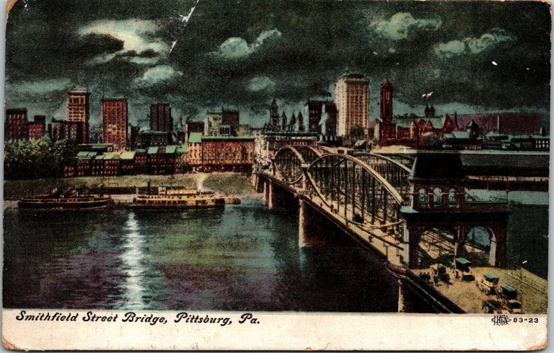 Smithfield St Bridge Pittsburg PA Night Scene Antique Postcard DB PM Cancel WOB 