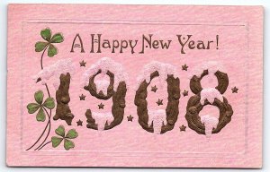 1908 A HAPPY NEW YEAR! WHITE HOUSE STATION NJ 4 LEAF CLOVER POSTCARD P4330