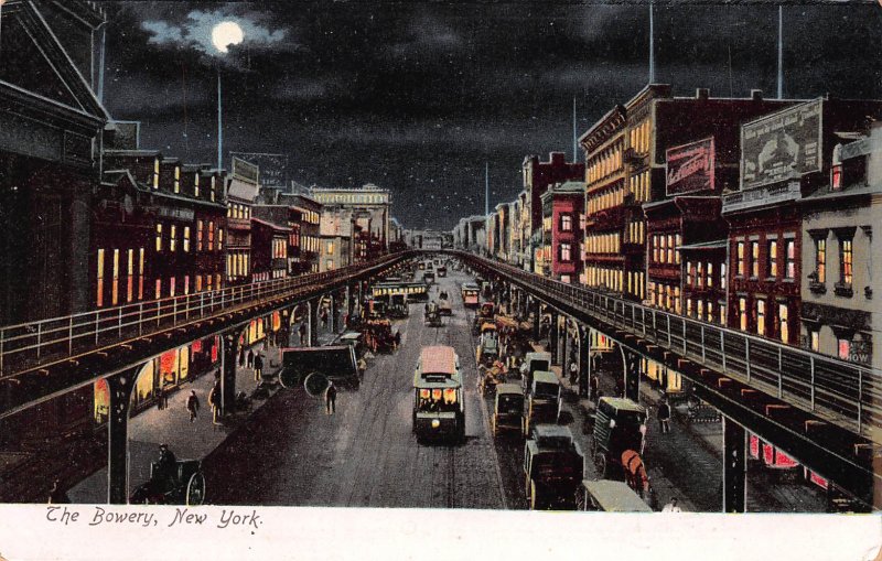 The Bowery at Night, New York City, N.Y., Early Postcard, Unused