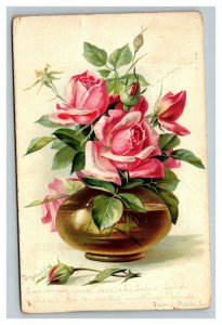 Vintage 1908 Tuck's Postcard - Beautiful Pink Roses in Gold Vase - NICE