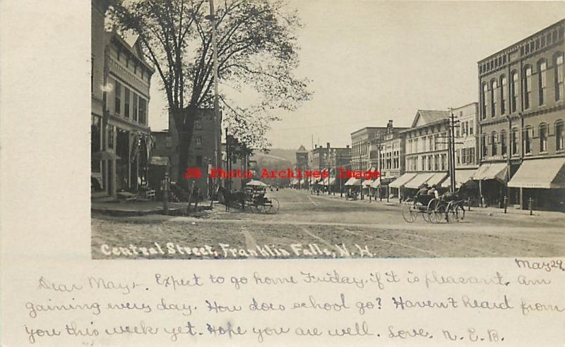 NH, Franklin Falls, New Hampshire, RPPC, Central Street, 1907 PM, Photo