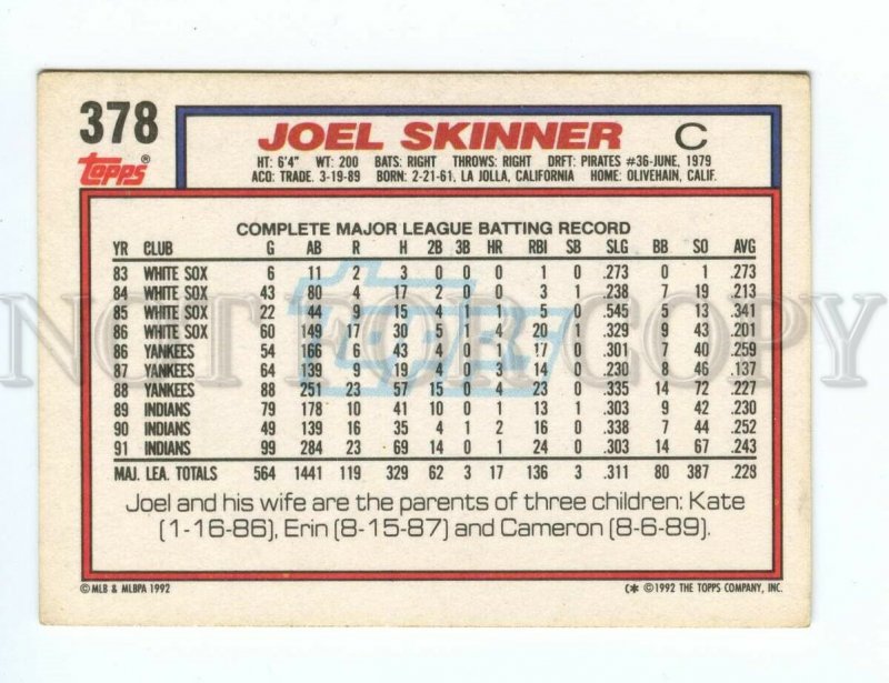 088917 Baseball Topps CARD 1992 Joel Skinner Indians #378
