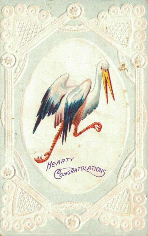 Vintage Embossed Stork Posted Postcard 1912 03.31