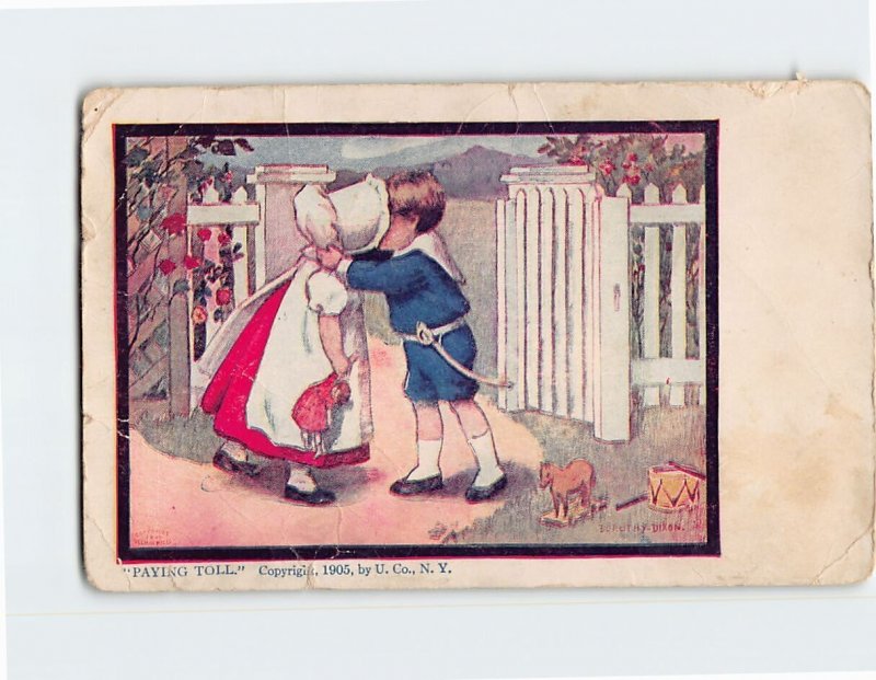 Postcard Paying Toll with Children Kissing Comic Art Print