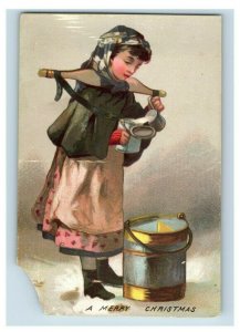 Victorian Christmas Trade Card, Young Girl Drum Pouring Milk A1