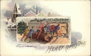 Christmas Humor Jester on Giant Yule Log Comic c1910 Vintage Postcard
