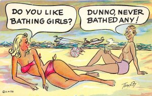 1958 Risque Comic Postcard by Tony Roy Do You Like Bathing Girls? Dunno 