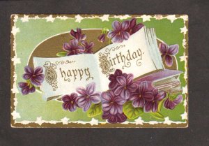Happy Birthday Greetings Postcard Violet Purple Flowers Embossed