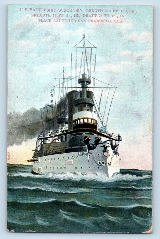 San Francisco California CA Postcard US Battleship Wisconsin Steamer Ship 1910