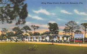 Ring Plaza Court Motel Route 41 Sarasota Florida linen postcard