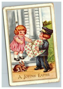 Vintage 1916 Whitney Easter Postcard Mailman Delivers Gift Cute Girl & Bunny