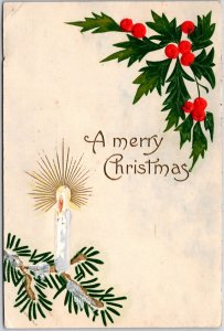 1909 A Merry Christmas Leaves Candle Greetings & Wishes Holiday Posted Postcard