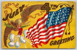 Patriotic~July 4th Greeting~Eagle Flies w/ Exploding Firecrackers~Flag Waves~Emb