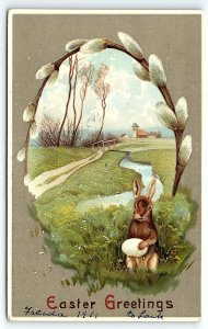 1911 EASTER GREETINGS BUNNY RABBIT EGGS SCENIC POSTCARD P3294